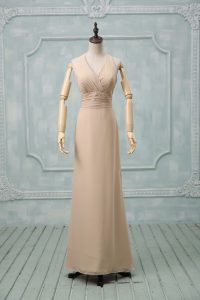 Halter Top Sleeveless Prom Gown Floor Length Ruching Champagne Chiffon