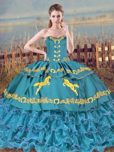 Hot Selling Blue Satin and Organza Lace Up Sweetheart Sleeveless Floor Length Sweet 16 Dresses Brush Train Embroidery an