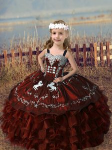 Rust Red Sleeveless Floor Length Embroidery and Ruffled Layers Lace Up Little Girl Pageant Gowns