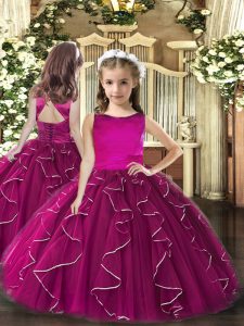 Scoop Sleeveless Little Girls Pageant Dress Floor Length Ruffles Fuchsia Tulle