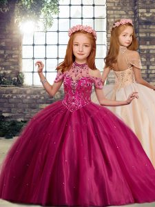 Trendy High-neck Sleeveless Little Girls Pageant Dress Floor Length Beading Fuchsia Tulle