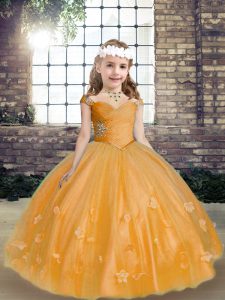 Gold Tulle Lace Up Child Pageant Dress Sleeveless Floor Length Beading and Hand Made Flower