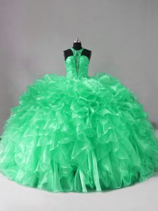 Shining Green Ball Gowns Beading and Ruffles Vestidos de Quinceanera Lace Up Organza Sleeveless