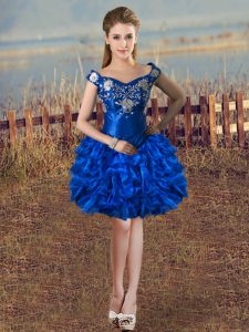 Stylish Organza Off The Shoulder Sleeveless Lace Up Embroidery and Ruffles Prom Party Dress in Royal Blue