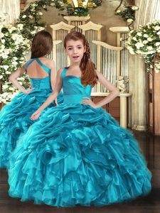 Baby Blue Sleeveless Organza Lace Up Little Girl Pageant Gowns for Party and Sweet 16 and Wedding Party