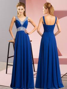 Suitable V-neck Sleeveless Dress for Prom Floor Length Beading Royal Blue Chiffon