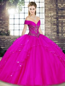 Best Sleeveless Tulle Floor Length Lace Up Vestidos de Quinceanera in Fuchsia with Beading and Ruffles