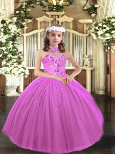 Cute Lilac Tulle Lace Up Halter Top Sleeveless Floor Length Little Girls Pageant Dress Wholesale Appliques
