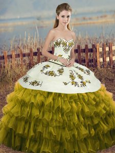Olive Green Ball Gown Prom Dress Military Ball and Sweet 16 and Quinceanera with Embroidery and Ruffled Layers and Bowkn
