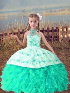 Turquoise Little Girl Pageant Gowns Wedding Party with Beading and Embroidery and Ruffles Halter Top Sleeveless Lace Up
