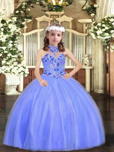 Stylish Appliques Pageant Gowns For Girls Blue Lace Up Sleeveless Floor Length