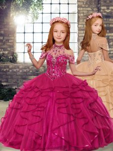 Tulle Sleeveless Lace Up Beading and Ruffles Kids Pageant Dress in Fuchsia