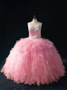 Super Pink Tulle Lace Up Sweetheart Sleeveless Floor Length Sweet 16 Quinceanera Dress Beading and Ruffles