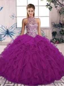 Purple Sweet 16 Quinceanera Dress Military Ball and Sweet 16 and Quinceanera with Beading and Ruffles Halter Top Sleevel