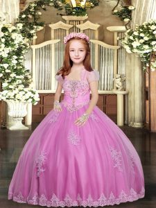 Lilac Ball Gowns Straps Sleeveless Tulle Floor Length Lace Up Lace and Appliques Little Girls Pageant Dress