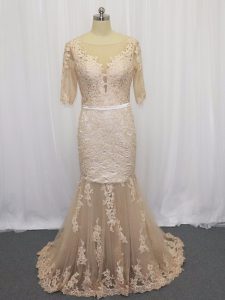 Latest Scoop Half Sleeves Prom Gown Brush Train Lace and Appliques Champagne Tulle