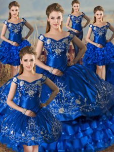 Clearance Embroidery and Ruffled Layers Ball Gown Prom Dress Royal Blue Lace Up Sleeveless Floor Length