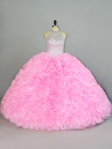 New Style Baby Pink Organza Lace Up Halter Top Sleeveless Floor Length 15 Quinceanera Dress Beading and Ruffles