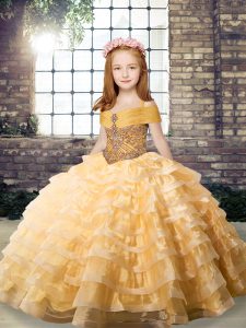 Orange Ball Gowns Organza Straps Sleeveless Beading and Ruffled Layers Lace Up Little Girl Pageant Dress Brush Train