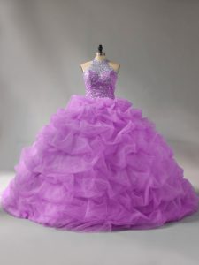 Lilac Halter Top Lace Up Beading and Pick Ups Quinceanera Gown Court Train Sleeveless