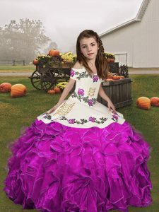 Beautiful Fuchsia V-neck Neckline Embroidery and Ruffles Little Girls Pageant Dress Wholesale Sleeveless Lace Up