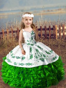 Sleeveless Floor Length Embroidery and Ruffles Lace Up Girls Pageant Dresses with Green