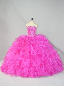 Traditional Strapless Sleeveless Court Train Lace Up 15 Quinceanera Dress Hot Pink Organza