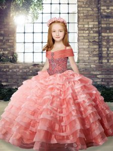 Watermelon Red Sleeveless Beading and Ruffled Layers Lace Up Pageant Dress