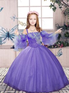 Great Floor Length Ball Gowns Sleeveless Lavender Little Girl Pageant Gowns Lace Up