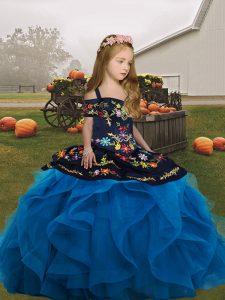 Unique Blue Tulle Lace Up Straps Sleeveless Floor Length Little Girls Pageant Dress Embroidery and Ruffles