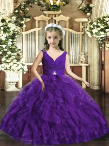 Sleeveless Floor Length Beading and Ruffles Backless Evening Gowns with Purple