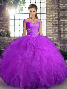 Great Purple Sweet 16 Dresses Military Ball and Sweet 16 and Quinceanera with Beading and Ruffles Off The Shoulder Sleev
