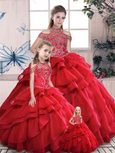 Glittering Red Ball Gown Prom Dress Sweet 16 and Quinceanera with Beading and Ruffles High-neck Sleeveless Lace Up