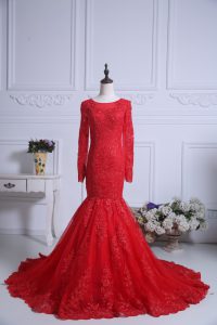 Enchanting Red Long Sleeves Tulle Court Train Zipper Prom Party Dress for Beach and Wedding Party