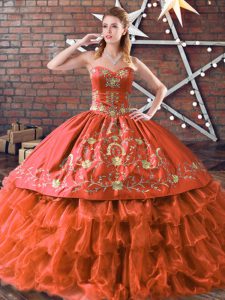 Fitting Sleeveless Satin and Organza Floor Length Lace Up Quinceanera Gown in Rust Red with Embroidery and Ruffled Layer
