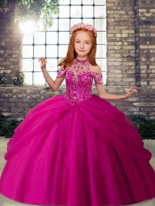 Fuchsia Ball Gowns Scoop Sleeveless Tulle Floor Length Lace Up Beading Little Girls Pageant Gowns