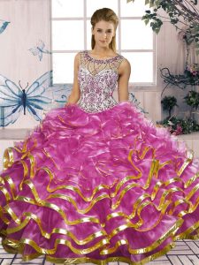 Suitable Fuchsia Ball Gowns Beading and Ruffles Sweet 16 Quinceanera Dress Lace Up Organza Sleeveless Floor Length