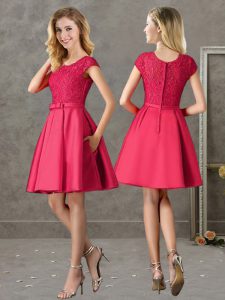 Red Scoop Zipper Lace Wedding Guest Dresses Short Sleeves