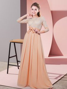Luxury Peach Empire Scoop 3 4 Length Sleeve Chiffon Floor Length Side Zipper Lace and Belt Wedding Party Dress