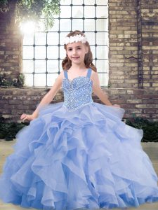 Simple Lavender Tulle Lace Up Little Girl Pageant Dress Sleeveless Floor Length Beading and Ruffles