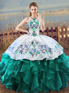 Spectacular Turquoise Halter Top Neckline Embroidery and Ruffles Quinceanera Gown Sleeveless Lace Up
