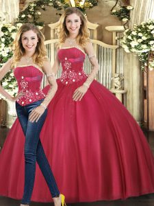 Red Lace Up Quinceanera Dresses Beading Sleeveless Floor Length