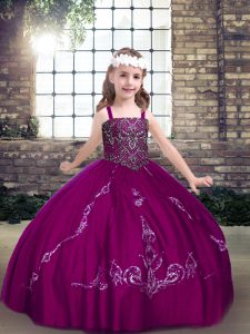 High Quality Floor Length Fuchsia Little Girl Pageant Dress Tulle Sleeveless Beading