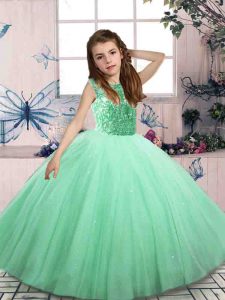 Dramatic Scoop Sleeveless Child Pageant Dress Mini Length Beading Apple Green Tulle