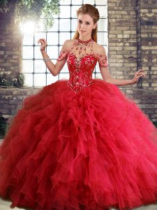 Tulle Halter Top Sleeveless Lace Up Beading and Ruffles Vestidos de Quinceanera in Red