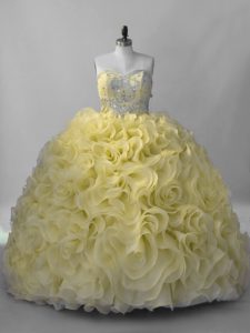 Custom Design Yellow Green Ball Gowns Sweetheart Sleeveless Fabric With Rolling Flowers Lace Up Beading Sweet 16 Dresses