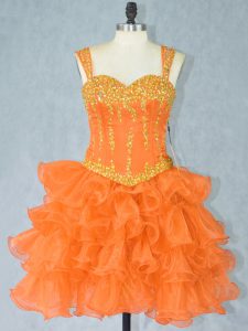 Trendy Straps Sleeveless Prom Party Dress Mini Length Beading and Ruffled Layers Orange Organza