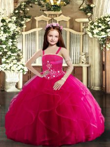 Beautiful Straps Sleeveless Little Girls Pageant Dress Wholesale Floor Length Beading and Ruffles Hot Pink Tulle