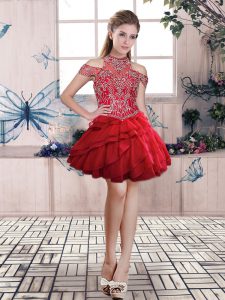 High Class Red Homecoming Dress Prom and Party with Beading and Ruffled Layers Halter Top Sleeveless Lace Up