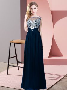 Navy Blue Sleeveless Floor Length Beading Backless Prom Evening Gown